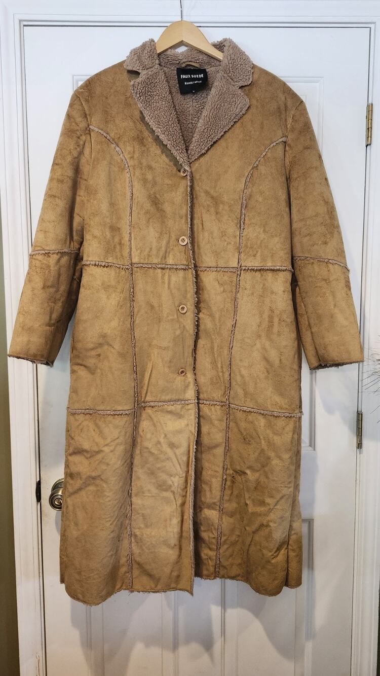 Handcrafted Long Tan Faux Suede Coat XL Sherpa Fur Lined J37